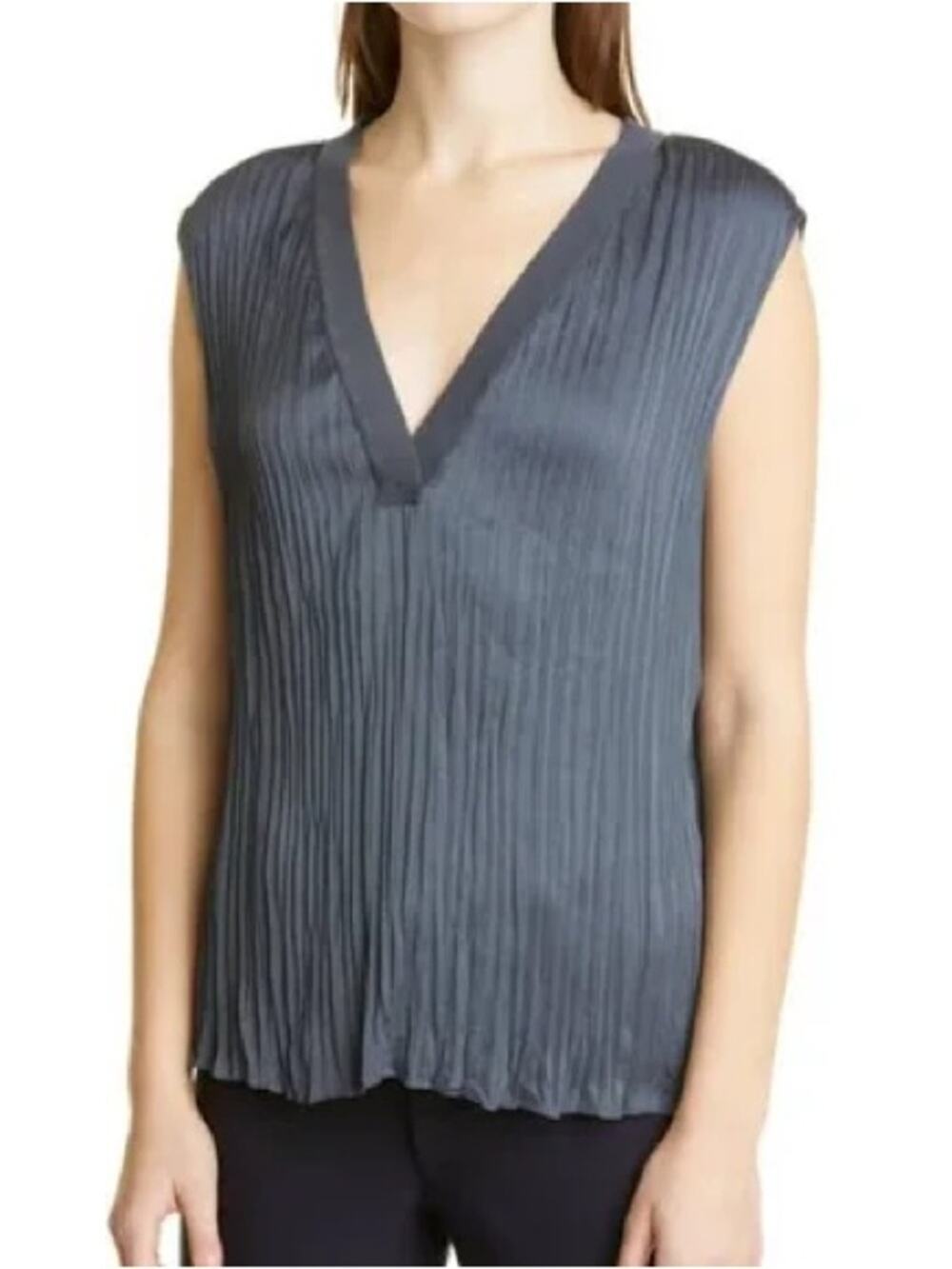 Vince Slate Blue Crushed Pleated Sleeveless Double V-Neck Blouse Top Small